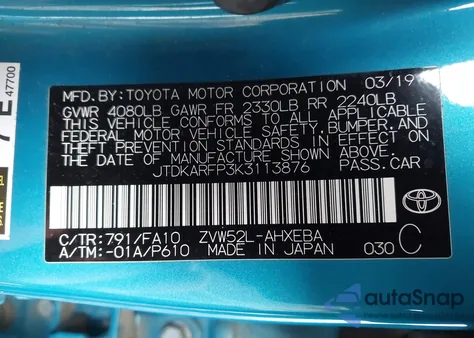 2019 Toyota Prius Prime Plus from USA, damaged, VIN JTDKARFP3K3113876